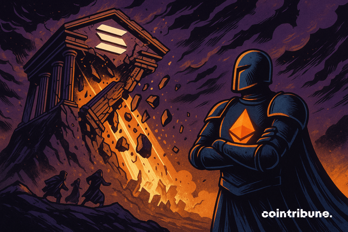 Effondrement d'un temple Solana sous les yeux d'un guerrier Ethereum