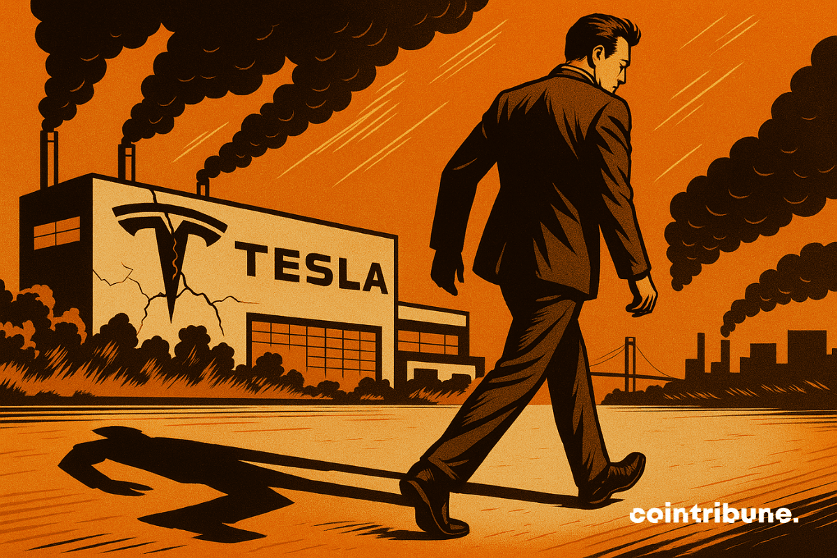 Illustration d'un Elon Musk quittant une usine Tesla