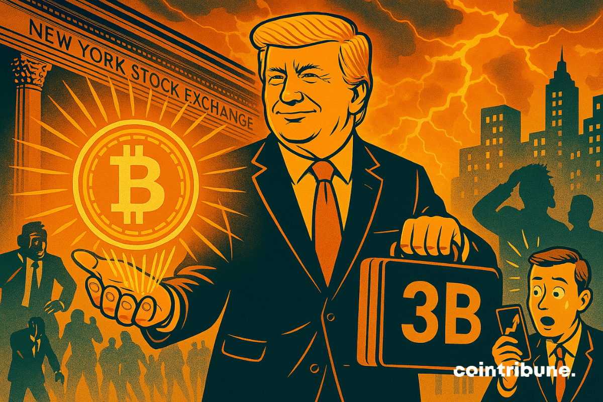 Trump walking the streets of Wall Street with a $3 billion briefcase and a Bitcoin hologram
