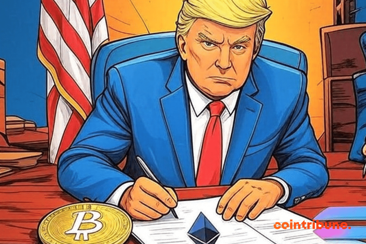Donald Trump sitting at his desk preparing to sign a crypto document