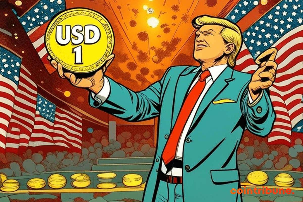 Donald Trump tenant une pièce de USD1 sur un podium