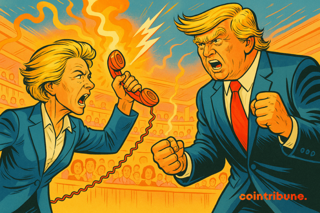 Em uma arena, Ursula von der Leyen, com o telefone em uma das mãos, discutindo com Donald Trump