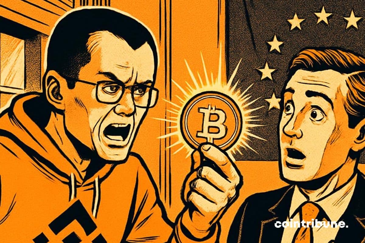 Changpeng Zhao qui critique un responsable en Europe sur l’inaction vis-à-vis de la crypto, une pièce de bitcoin en main.