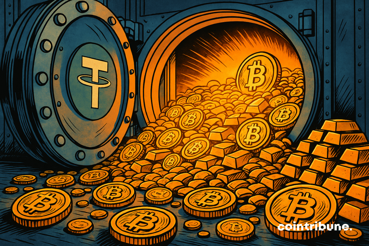 Un coffre-fort gigantesque s’ouvre, révélant un océan de Bitcoins et de lingots d’or qui symbolise le patrimoine de Tether.