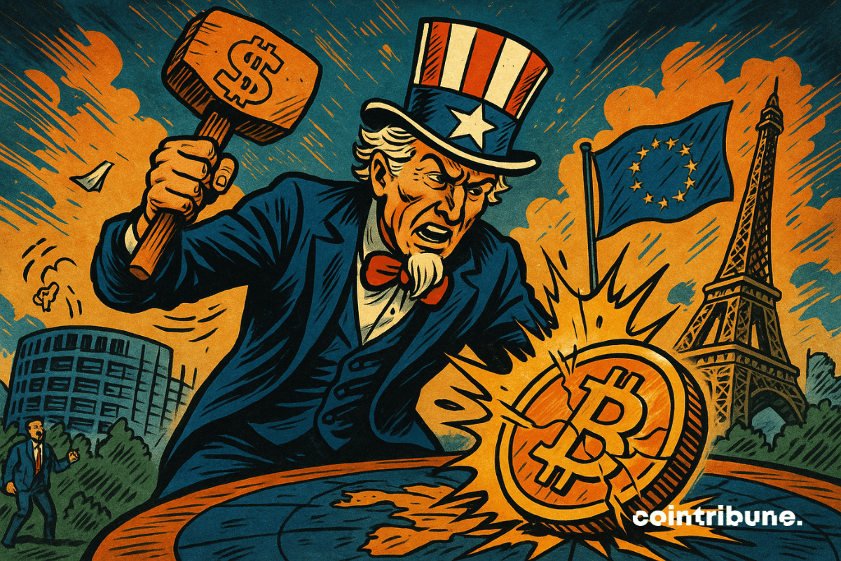 Un personnage symbolique représentant les USA de Trump (oncle Sam) frappant une immense pièce Bitcoin, tandis que des bâtiments de l'Europe tremblent en arrière-plan.