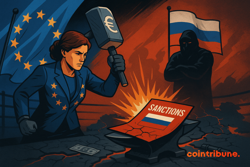 Une figure féminine forte, en costume bleu profond orné de 12 étoiles dorées du drapeau de l'UE sur l’épaule gauche. Elle porte un gant de justice à la main droite, tenant un marteau massif gravé du symbole "€". Bras levé, sur le point d’abattre le marteau sur un dossier rouge vif frappé d’un drapeau de la Russie, posé sur une enclume symbolique.