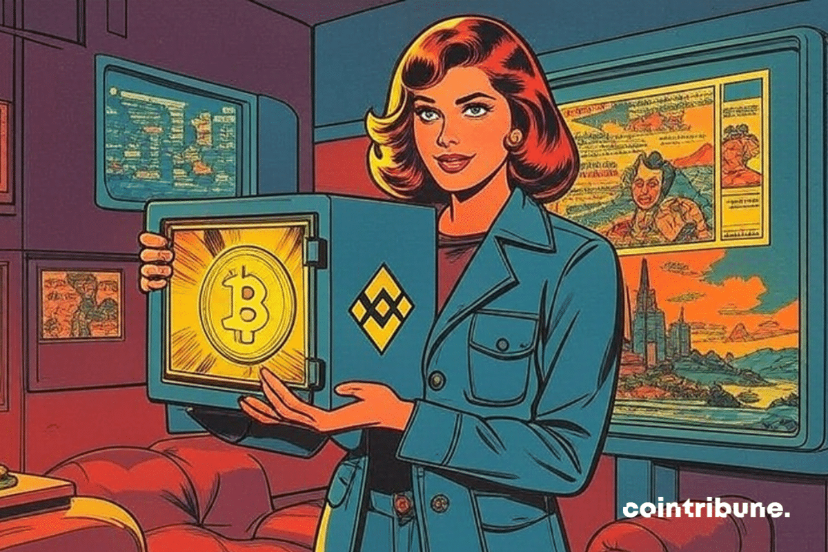 Femme ukrainienne tenant entre les mais un coffre-fort aux logos de Bitcoin et de Binance