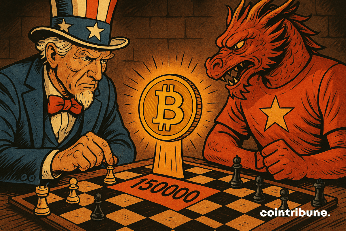 Partie d'échecs entre l'oncle Sam et un dragon humanoïde représentant la Chine, où une pièce va être déplacée vers la case 150 000 $ pour le bitcoin