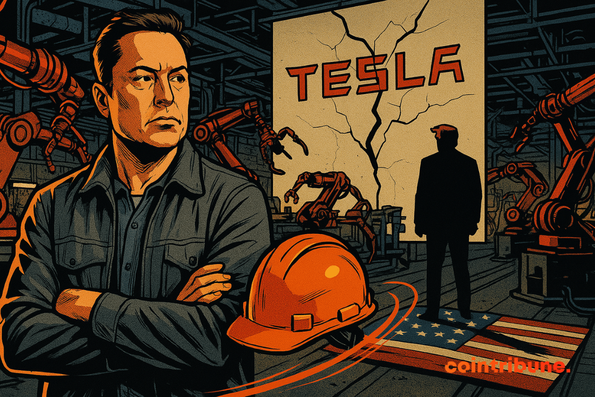 Elon Musk dá as costas a Donald Trump em uma fábrica com um logotipo da Tesla rachado