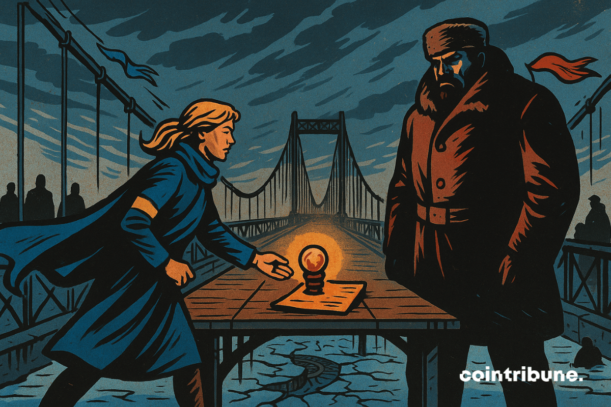 La scène se déroule sur un pont suspendu, ancien et métallique, au-dessus d’un fleuve gelé craquelé. ne femme dynamique aux traits fermes, représentant Kiev, marche avec détermination. Elle est vêtue d’un long manteau bleu avec un brassard jaune. Elle tient dans ses mains un petit artefact diplomatique lumineux. Une silhouette imposante, représentant la Russie, immobile au bord de l'autre extrémité du pont.