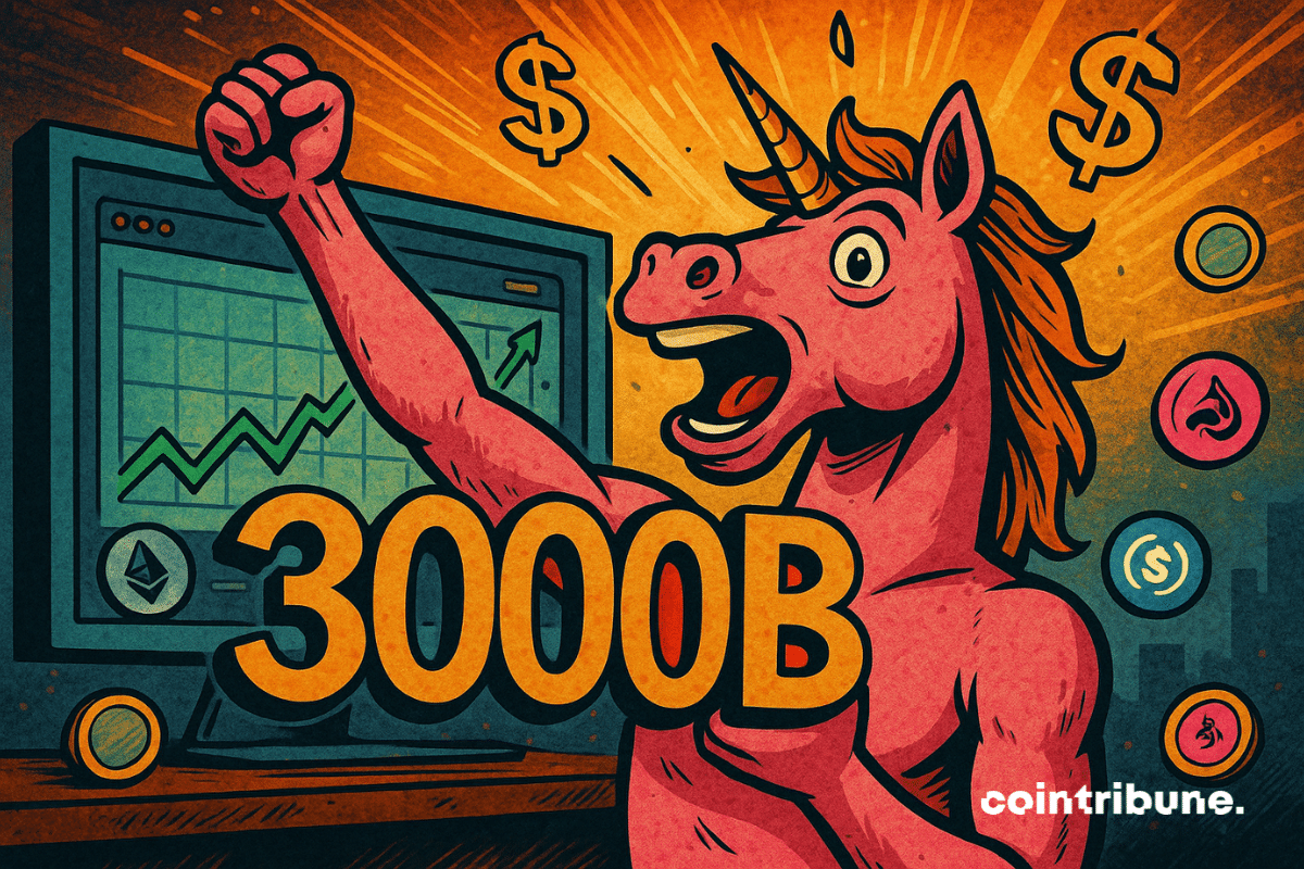 Ilustração de um unicórnio antropomórfico levantando o punho em vitória em frente a uma tela de negociação de criptomoedas exibindo um gráfico de tendência ascendente.