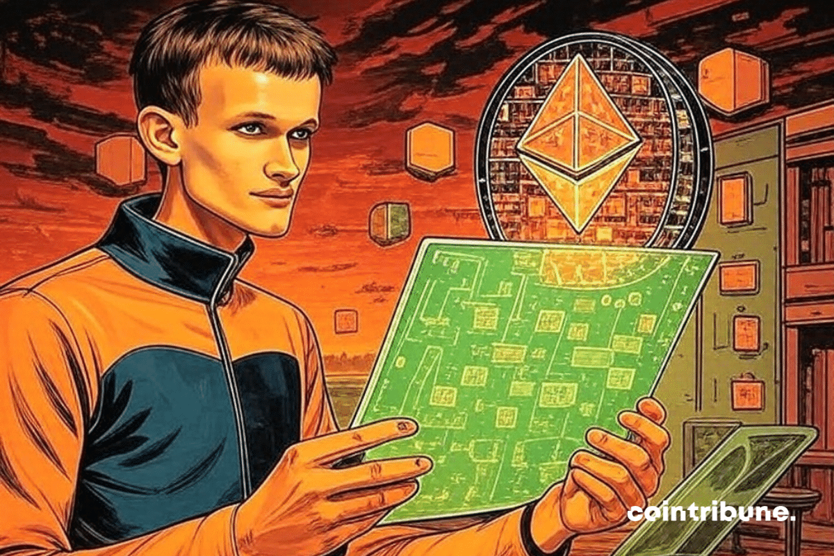 Vitalik Buterin tenant une tablette, avec en arrière plan le logo d'Ethereum