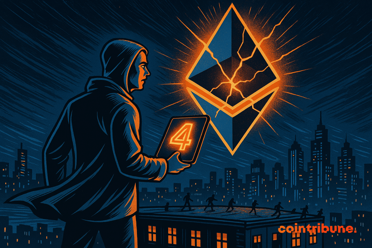 Vitalik Buterin nas alturas de uma cidade segurando um tablet que exibe o número 4 e, à sua frente, um logotipo gigante da Ethereum rachado