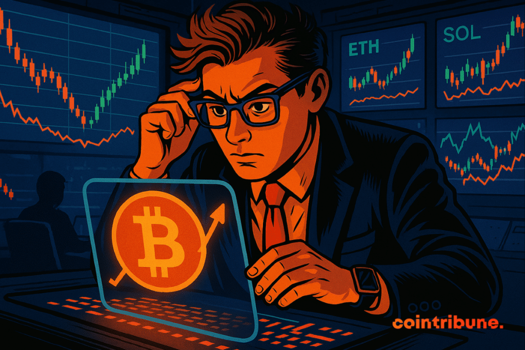 Man analyzing crypto trends on a glowing screen with popular coin logos.