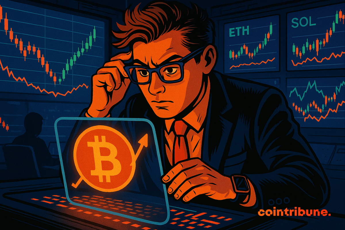 Man analyzing crypto trends on a glowing screen with popular coin logos.