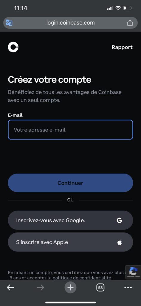 Créer un compte Coinbase