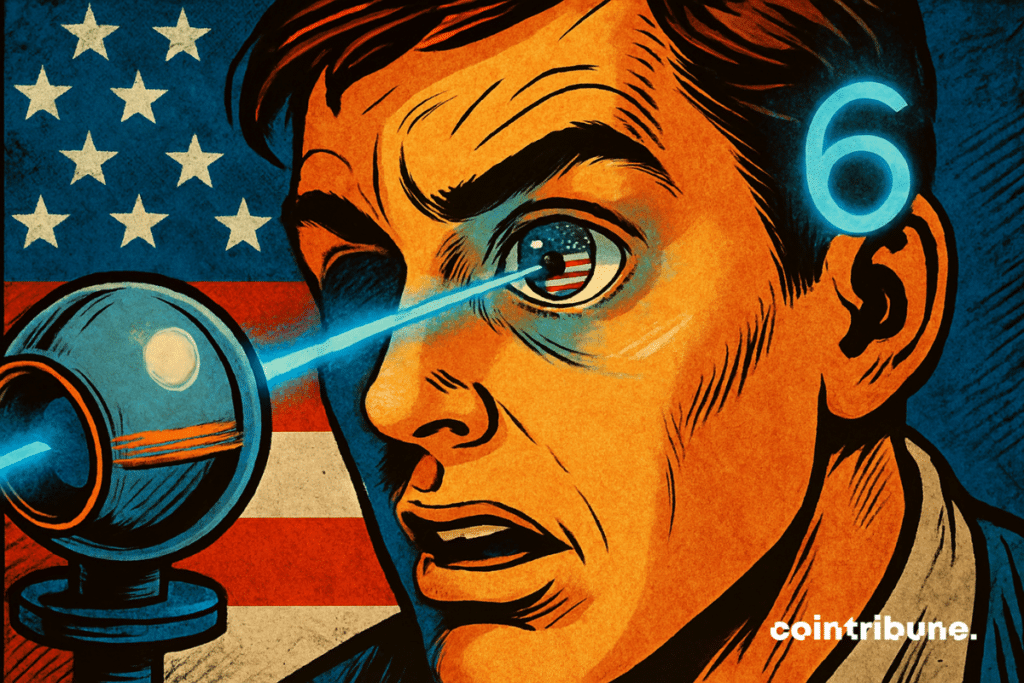 Illustration of a stunned young man having his eye scanned by a futuristic Orb on a New York street.