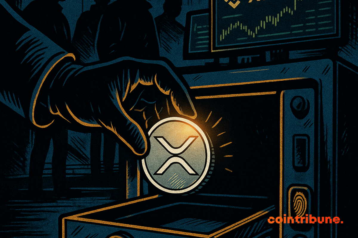 Una figura anónima, solo aparece una mano enguantada en el centro, colocando suavemente una moneda brillante de la criptomoneda XRP en la caja fuerte.