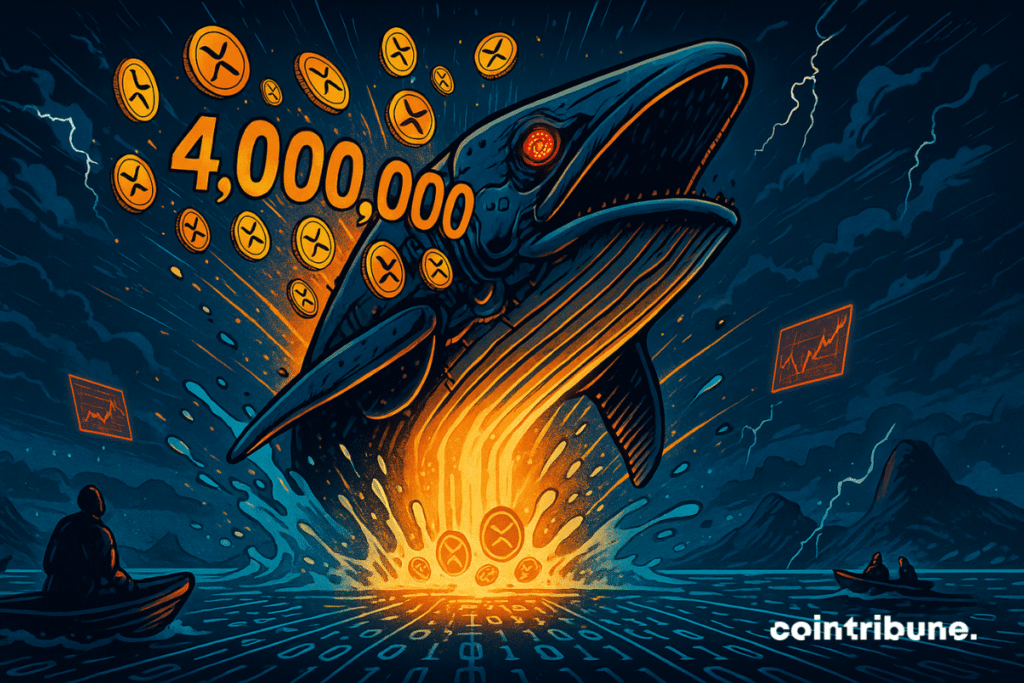 A spectator looks up as a gigantic half-cybernetic, half-biological whale bursts out of the water like a missile. The water's surface is fractured, sending an explosion of XRP crypto around it.