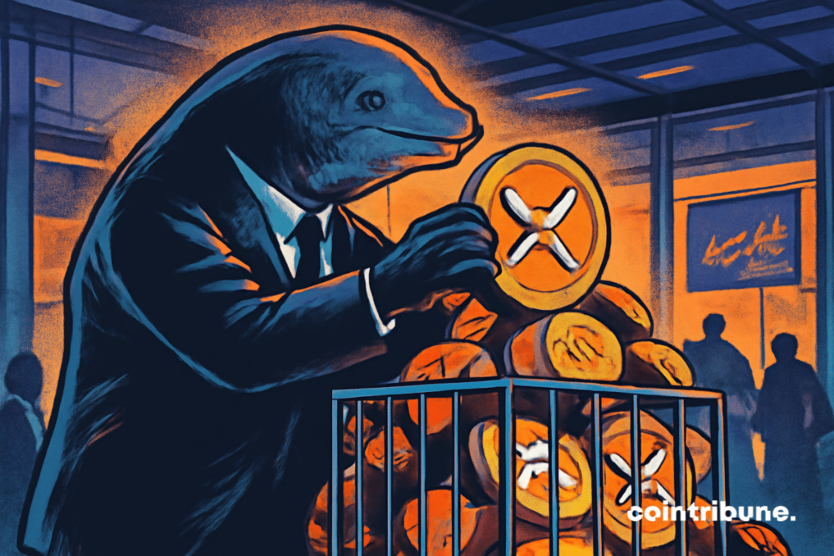 Une baleine crypto géante st en train de placer des quantités massives de XRP (représentées par des pièces gigantesques) dans un réservoir métallique, symbolisant l'accumulation massive.