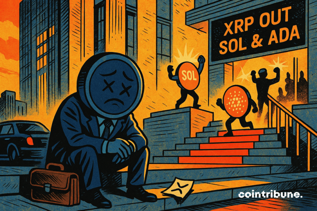 XRP, depicted as a suit-clad character with a sad face, sits alone on the steps, an empty briefcase at his feet. In the background, the crypto characters SOL and ADA triumphantly walk down a red carpet.