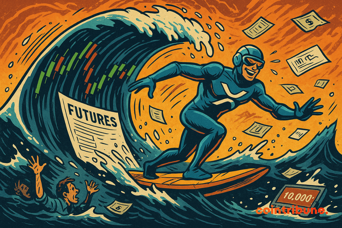 Un surfeur XRP sur une vague de contrats explosifs ce qui symbolise la spéculation sur la crypto.