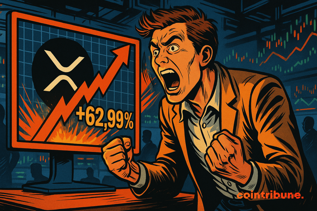 Jeune trader avec veste ouverte et chemise, yeux écarquillés, debout devant un écran incurvé avec logo de la crypto XRP brillant et flèche rouge/orange montant en flèche (+62,99%).