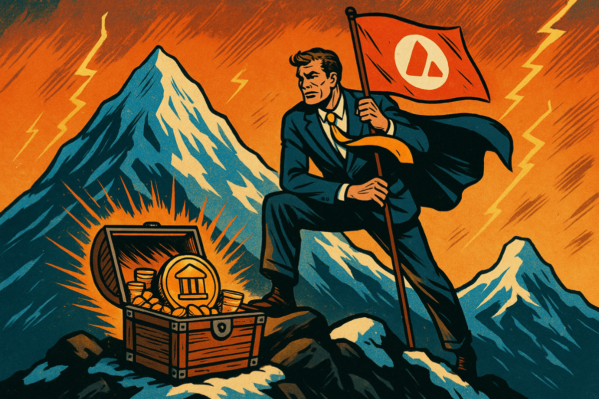 A triumphant businessman plants a red flag with the Avalanche logo on top of a mountain, next to a treasure chest filled with coins, against a backdrop of thunderstorms and lightning.