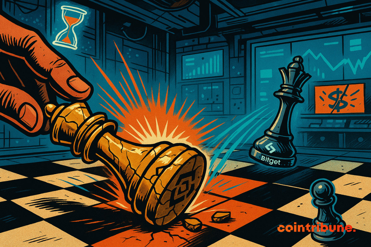Sur un échiquier numérique, une pièce roi dorée de Binance est renversée et brisée par une reine noire marquée Bitget, sur fond d’écrans financiers et de graphiques.