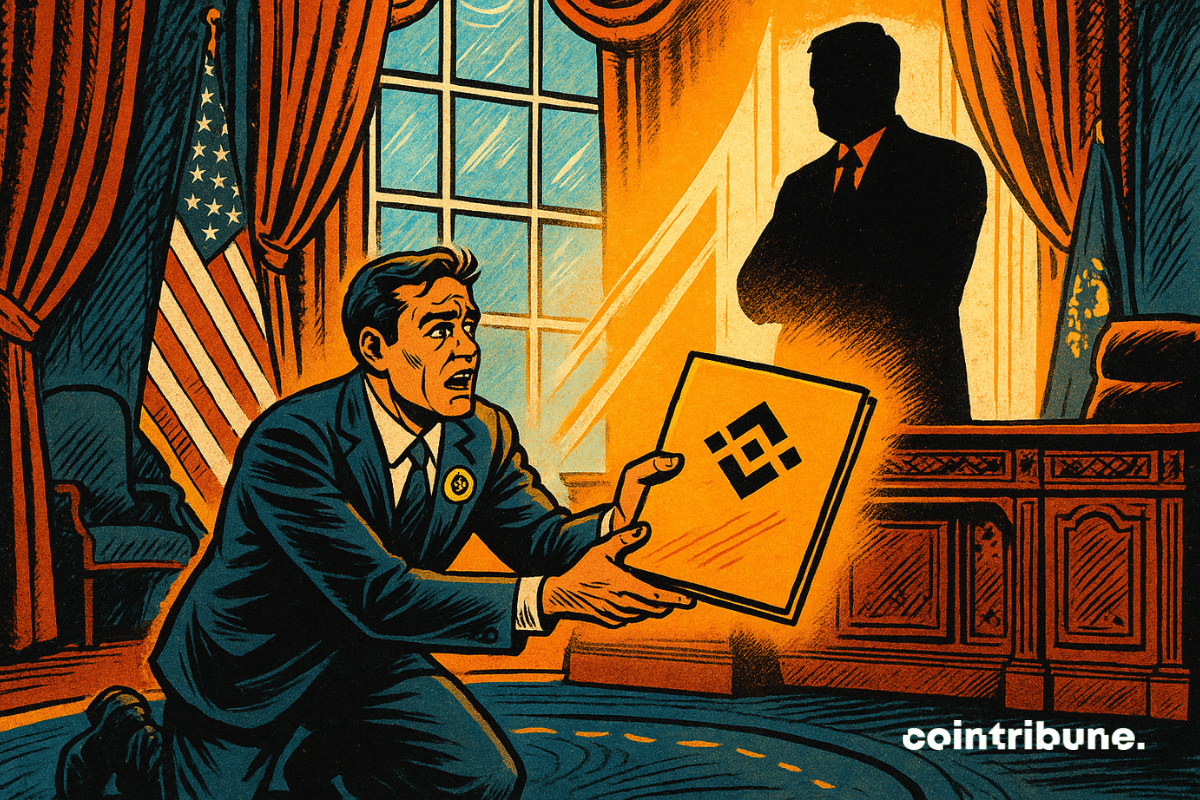 Un homme en costume noir avec le logo Binance en médaillon, à genoux, tendant un dossier marqué du sigle Binance.