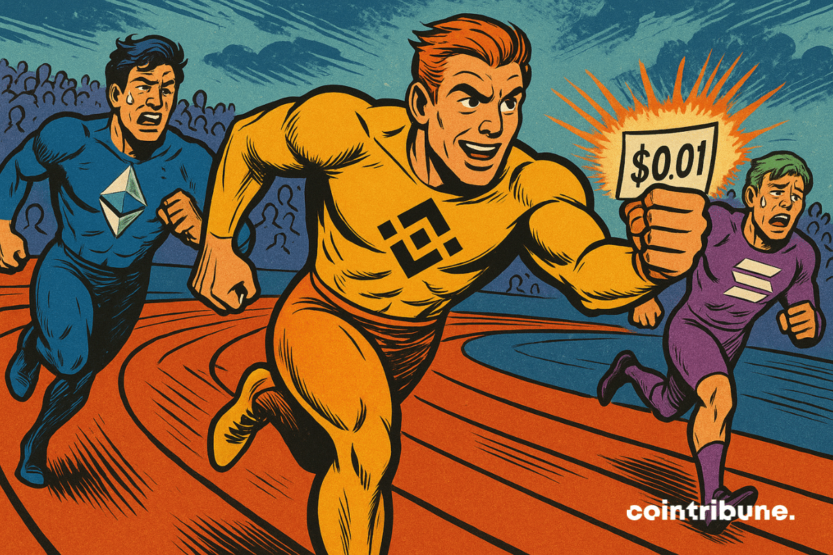 Plan large type "course olympique", piste futuriste en circuit numérique. Binance BNB en personnage athlétique, devant Ethereum et Solana.