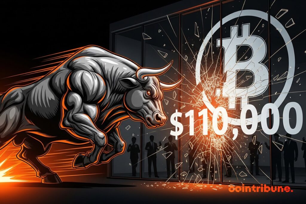 A bull running at high speed to smash a 0,000 bitcoin window.