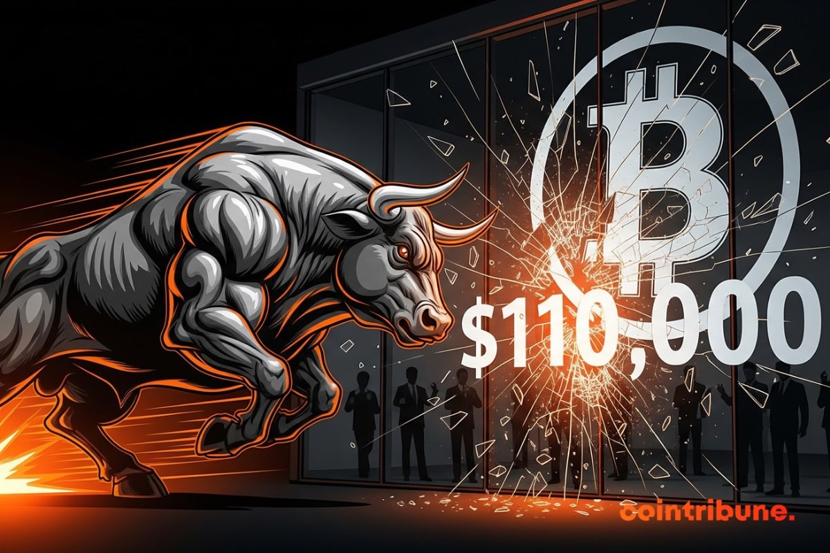 A bull running at high speed to smash a 0,000 bitcoin window.