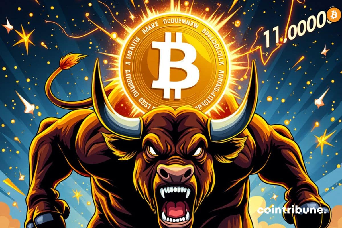 Um touro furioso com uma moeda de bitcoin na cabeça.