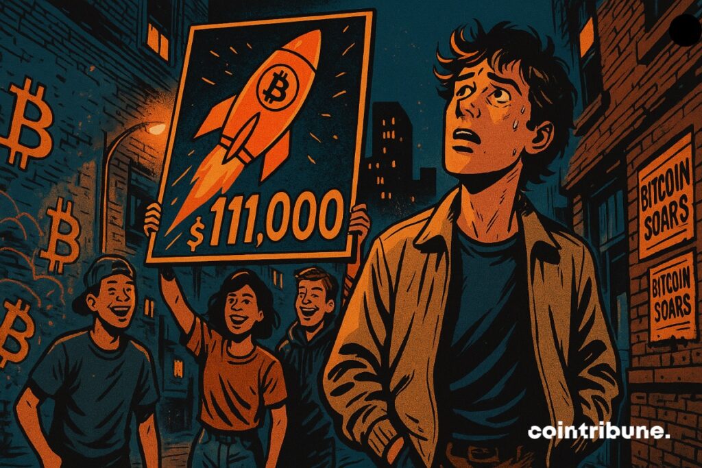 Un jeune inquiet de la flambée du bitcoin à 111 000 dollars, pendant que d’autres sont en joie.