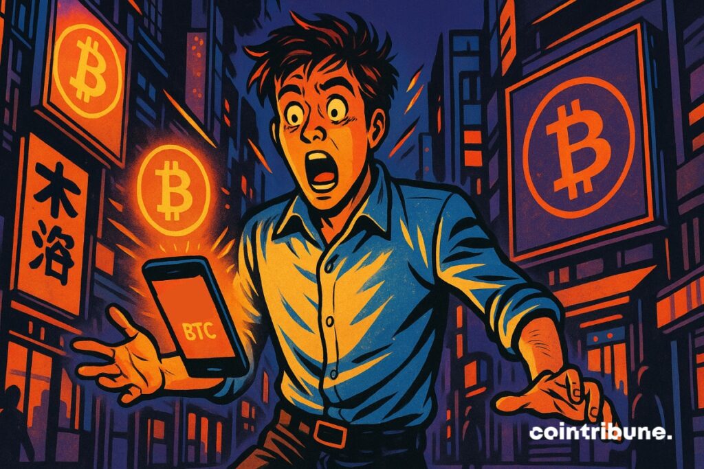 A bitcoin investor scared by an alert on his phone.
