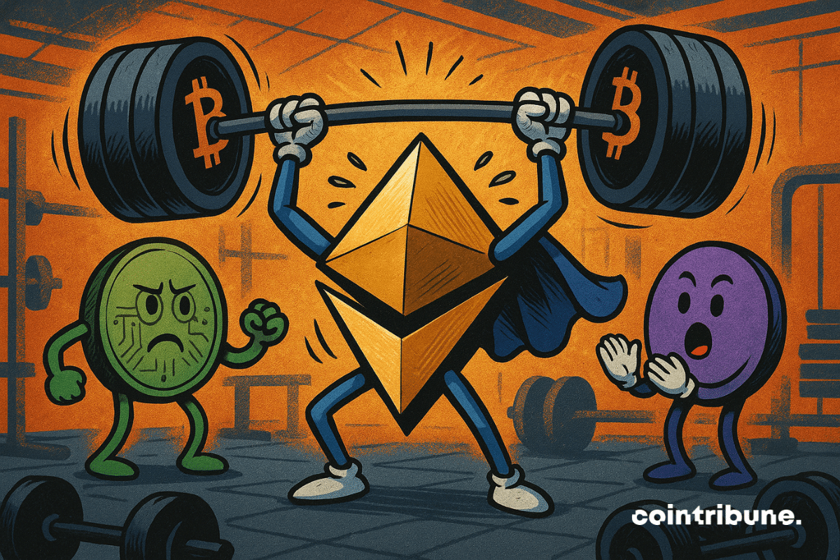 Ethereum personnifié en général de guerre stylisé, cape flottante, armure aux motifs géométriques soulevant Bitcoin. Tourné vers l’arrière, montre la voie à une armée d’altcoins.
