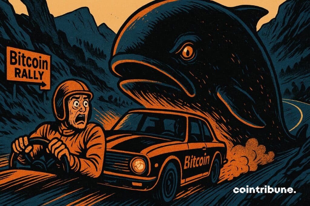 A huge, scary Bitcoin whale is preventing the BTC rally from continuing. A frightened rally driver is in the foreground.