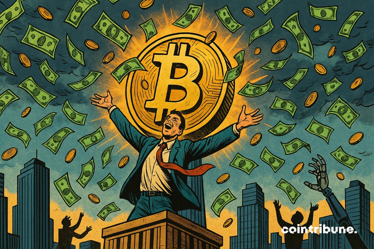An investor in front of a large bitcoin coin, with a shower of bills falling on him.