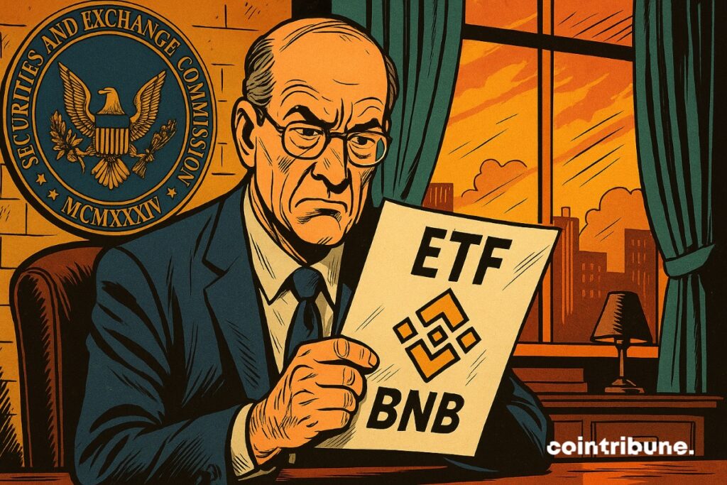 An SEC official holding VanEck's filing form for a BNB ETF.