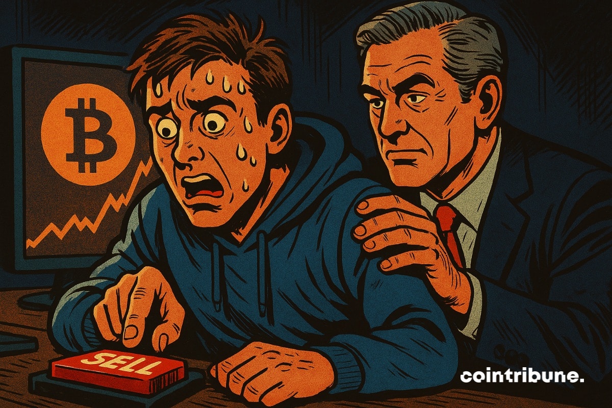 Un jeune investisseur bitcoin prêt à vendre des bitcoins, et un trader expérimenté le rassure pour le faire patienter.