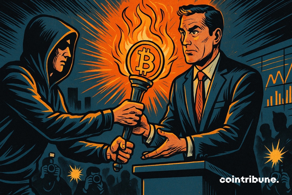 Un investisseur particulier qui passe le flambeau du bitcoin à un responsable d’entreprise.