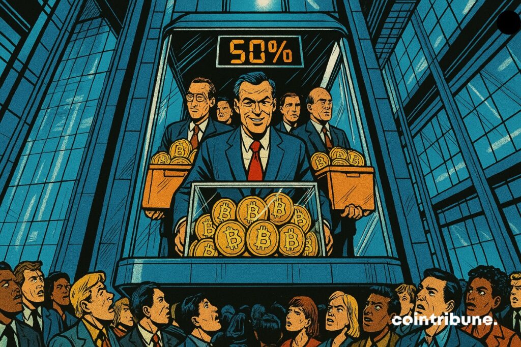 Quelques personnes représentant des entreprises, qui ont en main des cartons pleins de bitcoins. Les autres investisseurs les regarde en étant dépités.