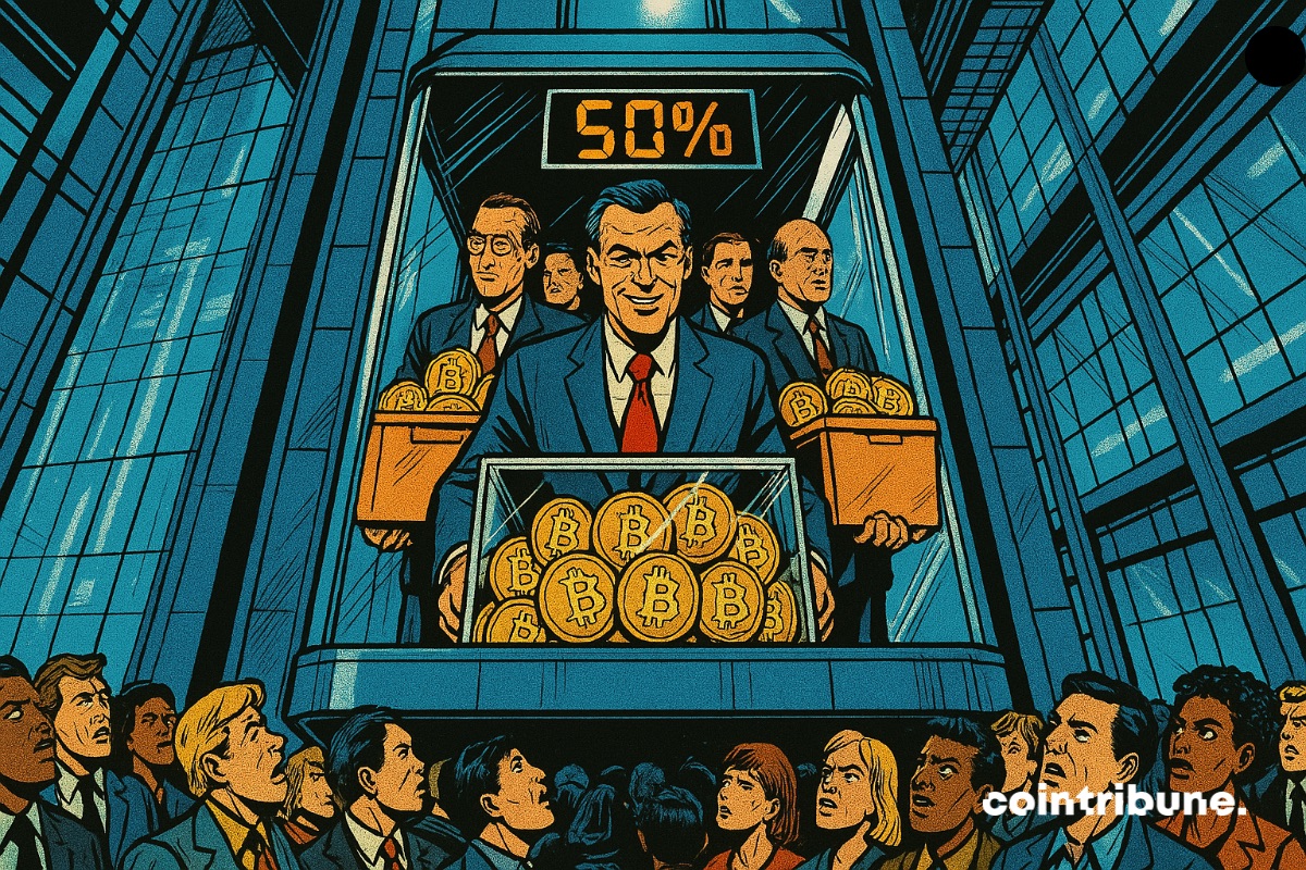 Quelques personnes représentant des entreprises, qui ont en main des cartons pleins de bitcoins. Les autres investisseurs les regarde en étant dépités.