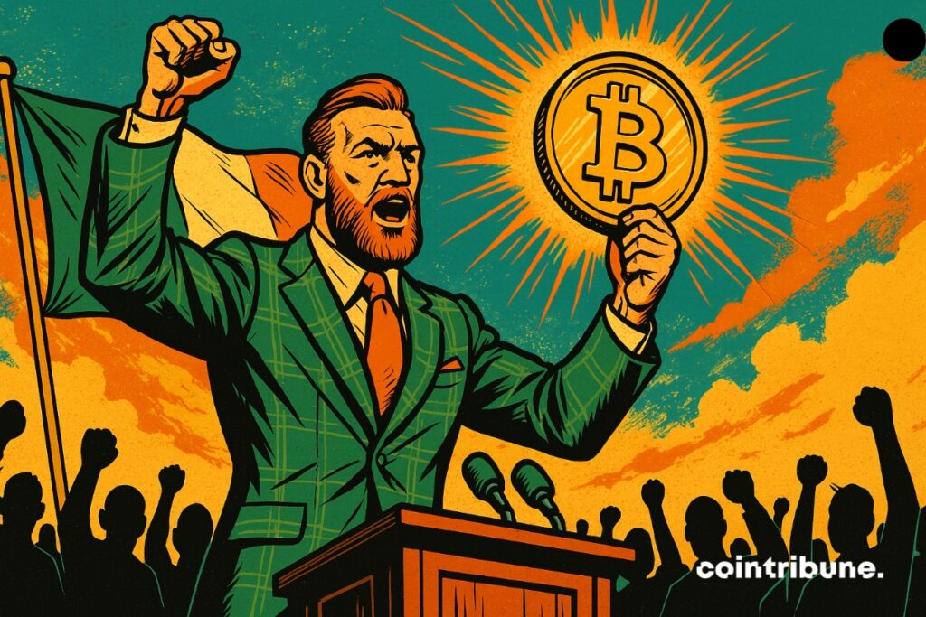 Conor McGregor campaigning for president in Ireland, holding a large piece of bitcoin.