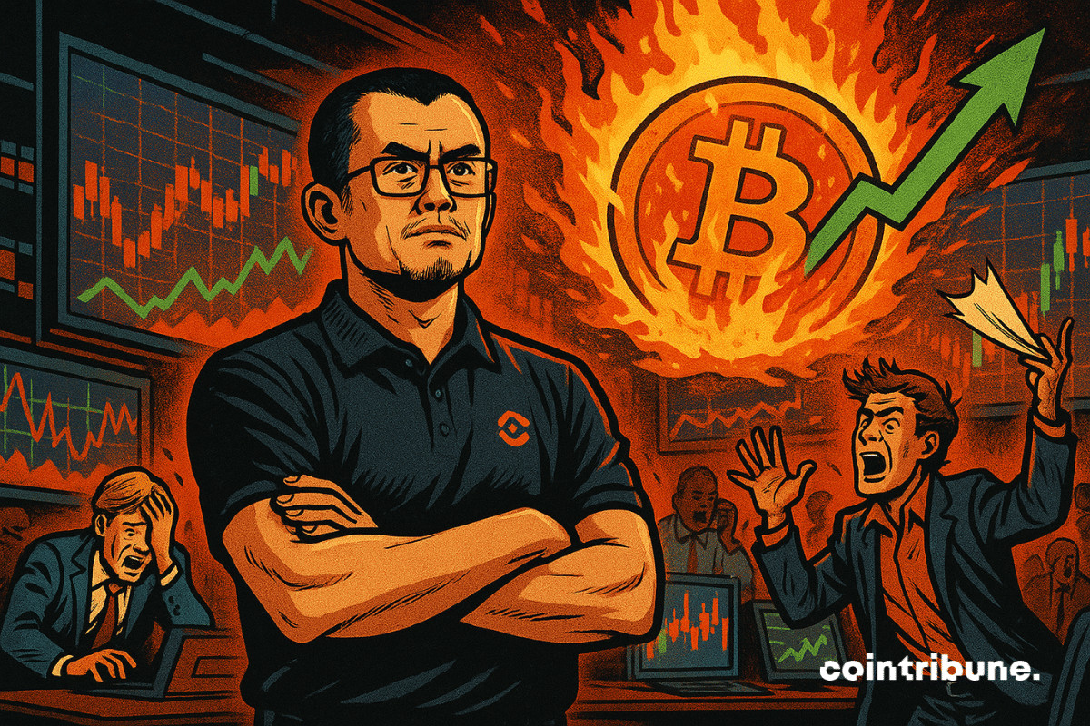 CZ stands in the center, arms crossed, expression serene, looking straight ahead. A screen behind him shows a giant green arrow flying above a burning Bitcoin logo.