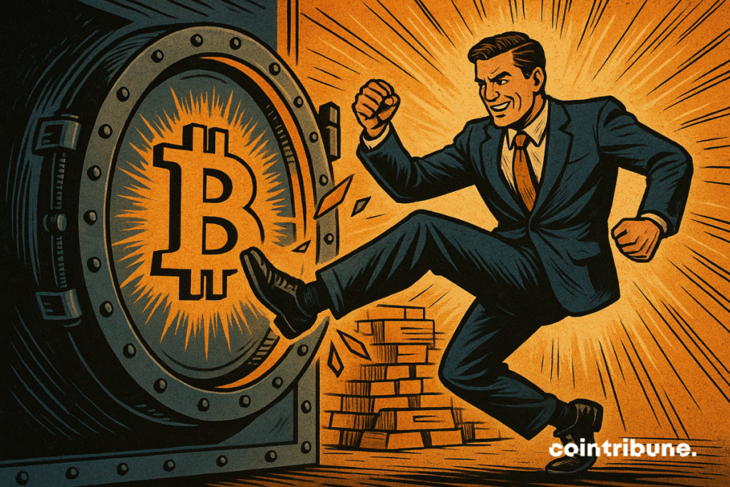 Futuristic room with 70s-style dashboards. A panicked Bitcoin investor watches a digital vault emptying.