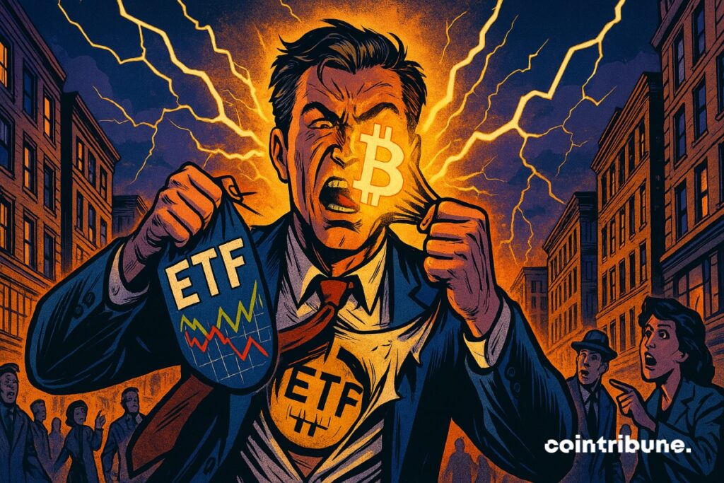 Un investisseur qui arrache un masque sur son visage pour dévoiler le Bitcoin, avec des données sur les ETF en main. Il est désemparé.