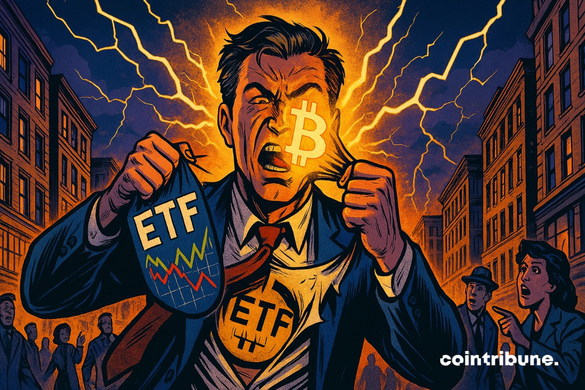 Un investisseur qui arrache un masque sur son visage pour dévoiler le Bitcoin, avec des données sur les ETF en main. Il est désemparé.