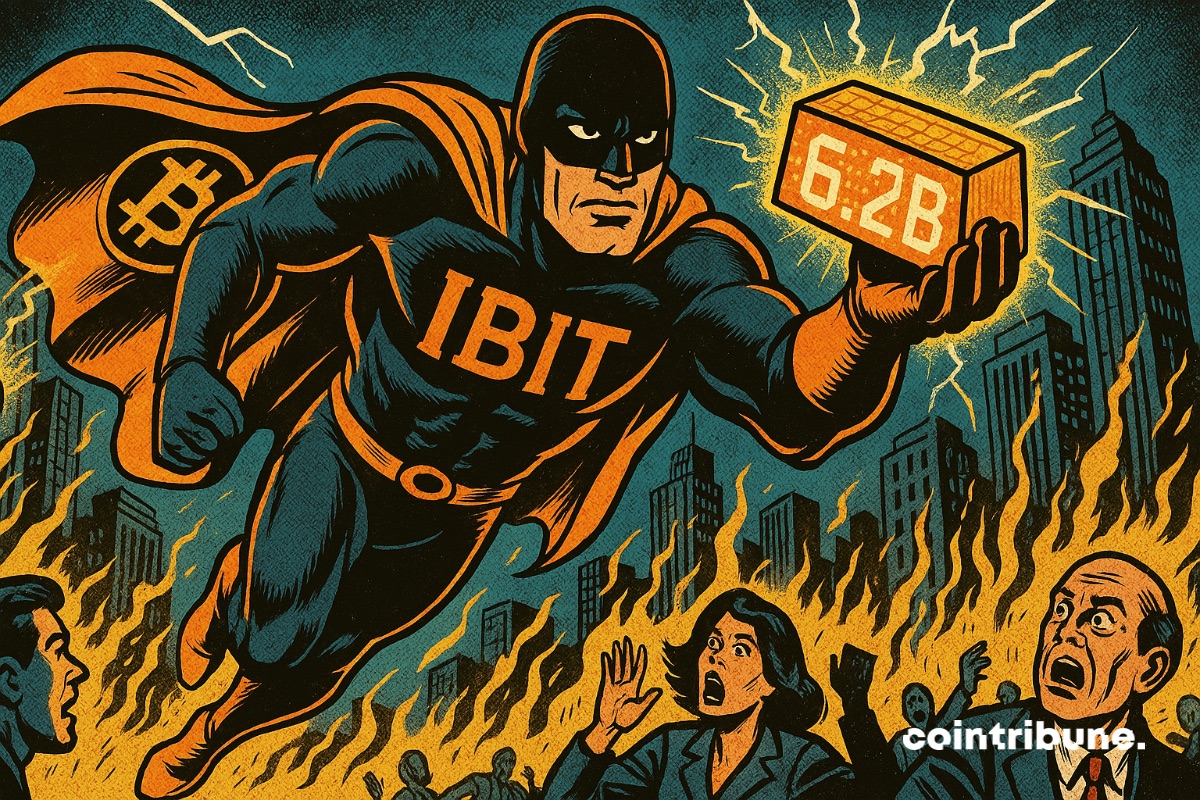 Um super-herói do IBIT com uma capa de Bitcoin sobrevoa a cidade com uma barra de dados mostrando 6,2 bilhões, representando o fluxo recorde de maio.